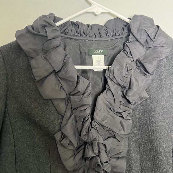 J Crew Womens Chimera Blazer Wool Silk Ruffle Trim Charcoal Gray Sz 4 office - Picture 2 of 13